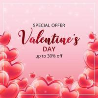 cartaz de oferta especial de dia dos namorados ou banner com muitos corações de vidro em fundo rosa. vetor