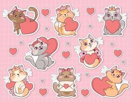 pacote de adesivos para notas e cartões com gatos fofos kawaii em poses diferentes com corações e flores vetor