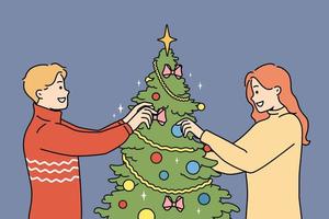 casal feliz decora a árvore de natal em casa juntos. homem e mulher sorridentes se divertem desfrutando de decoração de árvore de abeto para o ano novo. ilustração vetorial. vetor