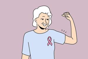mulher idosa sorridente com fita rosa no peito se sente poderosa para superar o câncer de mama. fêmea madura feliz sobrevive à oncologia. cuidados de saúde. ilustração vetorial. vetor