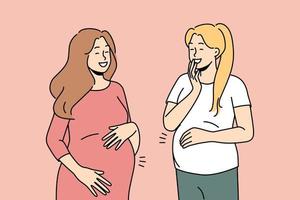 sorrindo jovens mulheres grávidas com grandes barrigas animadas com a futura maternidade. mães felizes riem muito felizes com a gravidez. ilustração vetorial. vetor