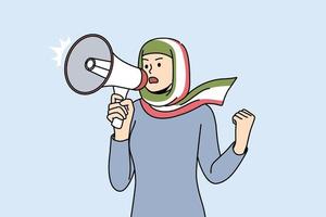 jovem de hijab com bandeira iraniana grita no alto-falante para defender os direitos femininos e a igualdade. garota decidida em headwear com megafone em protesto. ilustração vetorial. vetor