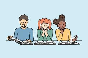 crianças diversas sorridentes sentadas à mesa lendo livros. crianças multiétnicas felizes se divertem, apreciam a literatura ou o aprendizado. Educação. ilustração vetorial. vetor