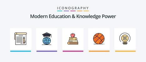 a educação moderna e a linha de energia do conhecimento preencheram o pacote de 5 ícones, incluindo o escritório. on-line. saco. Educação. caneta. design de ícones criativos vetor