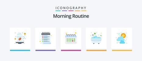 pacote de ícones plano de rotina matinal 5, incluindo sol. banho. lista de controle. banheira. rotina. design de ícones criativos vetor