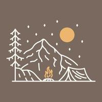 campista feliz com ilustração de doodle de fundo de montanha de fogueira ilustração monoline para vestuário vetor