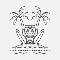 férias de verão na ilustração monoline da ilha tiki para vestuário vetor