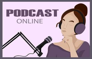 microfone e mulher com fones de ouvido. banner promocional para podcast vetor
