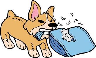 cão corgi desenhado à mão mordendo ilustração de travesseiro em estilo doodle vetor