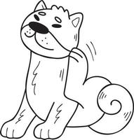 cachorro shiba inu desenhado à mão coçando ilustração de cabelo no estilo doodle vetor