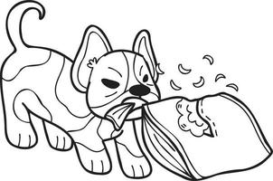bulldog francês desenhado à mão mordendo ilustração de travesseiro em estilo doodle vetor