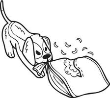 cão beagle desenhado à mão mordendo ilustração de travesseiro em estilo doodle vetor