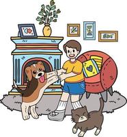 proprietário desenhado à mão brinca com os cães e gatos na ilustração da sala de estar no estilo doodle vetor