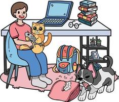 proprietário desenhado à mão brinca com os cães e gatos na ilustração da sala do escritório em estilo doodle vetor