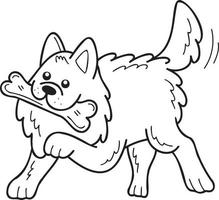 cão samoiedo desenhado à mão segurando a ilustração do osso no estilo doodle vetor