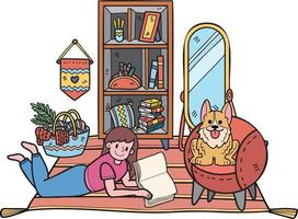 mulher desenhada à mão lendo no quarto com ilustração de cachorro corgi no estilo doodle vetor