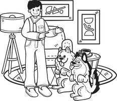 cachorro desenhado à mão está sendo treinado pela ilustração do proprietário no estilo doodle vetor