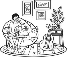 o dono e o cachorro desenhados à mão estão dormindo na ilustração do quarto no estilo doodle vetor