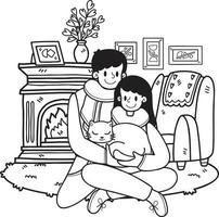 casal de homem e mulher desenhados à mão abraçando um gato na ilustração da sala em estilo doodle vetor