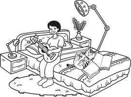 mão desenhada o proprietário toca violão com o gato na ilustração do quarto no estilo doodle vetor