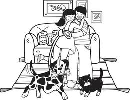 proprietário desenhado à mão brinca com os cães e gatos na ilustração da sala em estilo doodle vetor