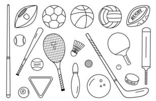 bolas e equipamentos de ícones do esporte. coleção de vetores em estilo de linha monocromática