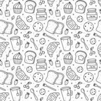 bonito padrão perfeito com café da manhã - chá, torradas, geléia, croissants, biscoitos, cupcakes e bagas. ilustração em vetor doodle desenhado à mão. perfeito para imprimir, embrulhar, papel de parede, vários designs.