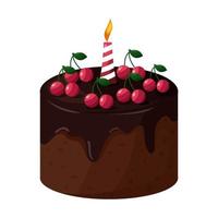casamento festivo ou bolo de chocolate de aniversário com uma vela e cerejas. vetor
