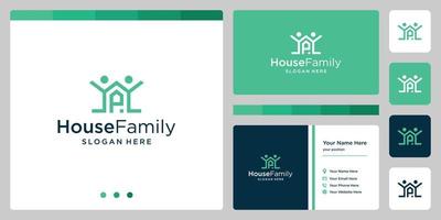 logotipo do projeto de construção de casas com logotipo da família e letra inicial p. design de cartão de visita vetor