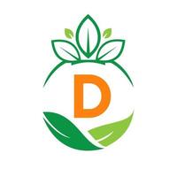 saúde de ecologia na letra d eco orgânico logotipo fresco, vegetais de fazenda de agricultura. modelo de comida vegetariana ecológica orgânica saudável vetor