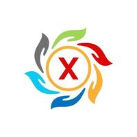 letra x logotipo de caridade cuidados com as mãos e logotipo da fundação, símbolo de unidade vetor