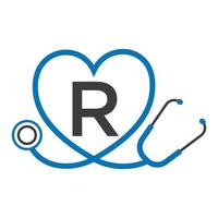 logotipo médico no modelo de letra r. logotipo de médicos com vetor de sinal de estetoscópio