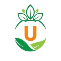 saúde de ecologia na letra u eco orgânico logotipo fresco, vegetais de fazenda de agricultura. modelo de comida vegetariana ecológica orgânica saudável vetor