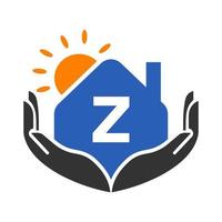 conceito de logotipo imobiliário letra z com modelo de sol, casa e mão. vetor de elemento de logotipo em casa segura