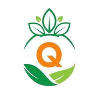 saúde de ecologia na letra q eco orgânico logotipo fresco, vegetais de fazenda de agricultura. modelo de comida vegetariana ecológica orgânica saudável vetor