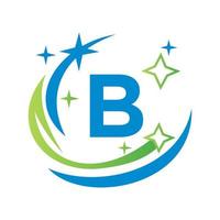 logotipo de limpeza de casa na letra b com logotipo de empregada de vassoura de conceito de spa de água vetor
