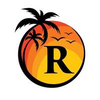 logotipo da praia no sinal vetorial da letra r. férias de verão no logotipo de praia tropical vetor