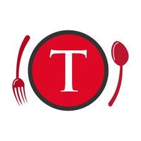 logotipo do restaurante na letra t vetor de conceito de garfo e colher