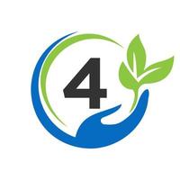 mão no design do logotipo da letra 4. cuidados de saúde, fundação com símbolo de mão vetor