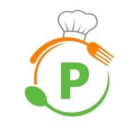 logotipo da letra p com chapéu de chef, colher e garfo para o logotipo do restaurante. logotipo do restaurante vetor