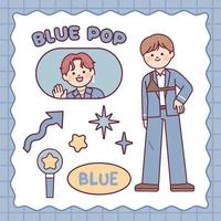 um personagem de ídolo menino k-pop fofo. cartão de foto e bastão de luz. cor azul vetor