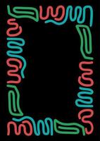 quadro colorido. fronteira de forma divertida linha colorida doodle. listras onduladas verdes, vermelhas e azuis sobre fundo preto. mosaico. espaço vazio para texto ou imagem. vetor