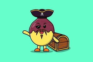 pirata de batata-doce bonito dos desenhos animados com caixa de tesouro vetor