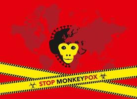 vírus monkeypox alerta mundial ataque banner conceito surto de doença de infecção de varíola de macaco na terra. cores vermelho, amarelo, preto. fitas com texto parar varíola de macaco.