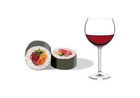 duas fatias de sushi e copo de vinho. vetor. vinho tinto. álcool. ícone do menu. vetor