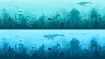 paisagem subaquática, baleia, cidade antiga submersa vetor