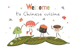 personagens de desenhos animados fofinhos convidam para a culinária chinesa. rolo de sushi japonês nigiri, sashimi, vassabi, molho. ilustração vetorial doodle com texto para menu, cartaz, banner, entrega, conceito de cozinha vetor