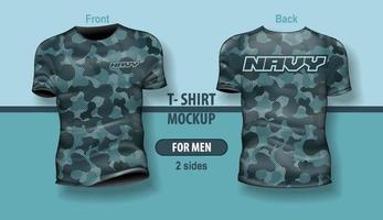 t-shirt para homem frente e costas com padrão de camuflagem azul marinho. mock-up para impressão frente e verso, em camadas e editável. vetor