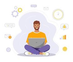 homem está sentado com laptop. ilustração do conceito para trabalhar, freelancer, estudar, educação, trabalhar em casa. ilustração vetorial em estilo cartoon plana vetor