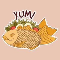 comida tradicional japonesa. adesivo taiyaki asiático. sanduíche em forma de peixe. ilustração vetorial vetor